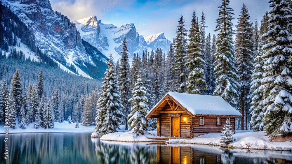 Alpine teahouse log cabin in snowy forest setting above Lake Louise in ...