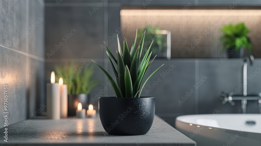 A potted plant sits on a countertop in a modern bathroom, with candles and other plants in the background A potted plant sits on a countertop in a modern bathroom, with candles and other plants in the background