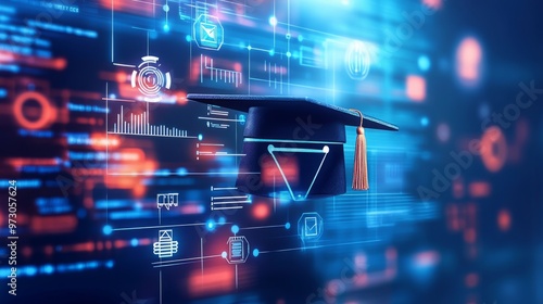 Wallpaper Mural digital education concept with icons of computer, graduation cap and school board on blurred background. Digital learning online system for distance education or futuristic new AI technology Torontodigital.ca