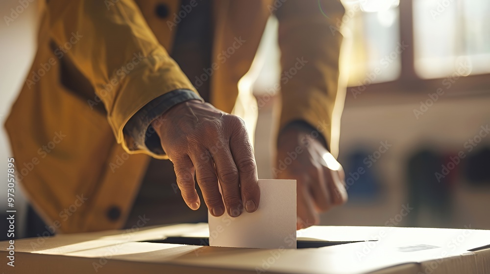 A person's hand dropping a blank white ballot into a cardboard ballot box. A person's hand dropping a blank white ballot into a cardboard ballot box.