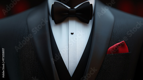 Craft a detailed long shot of a modern tuxedo using CG 3D techniques, highlighting the fine tailoring and intricate stitching with a realistic touch photo