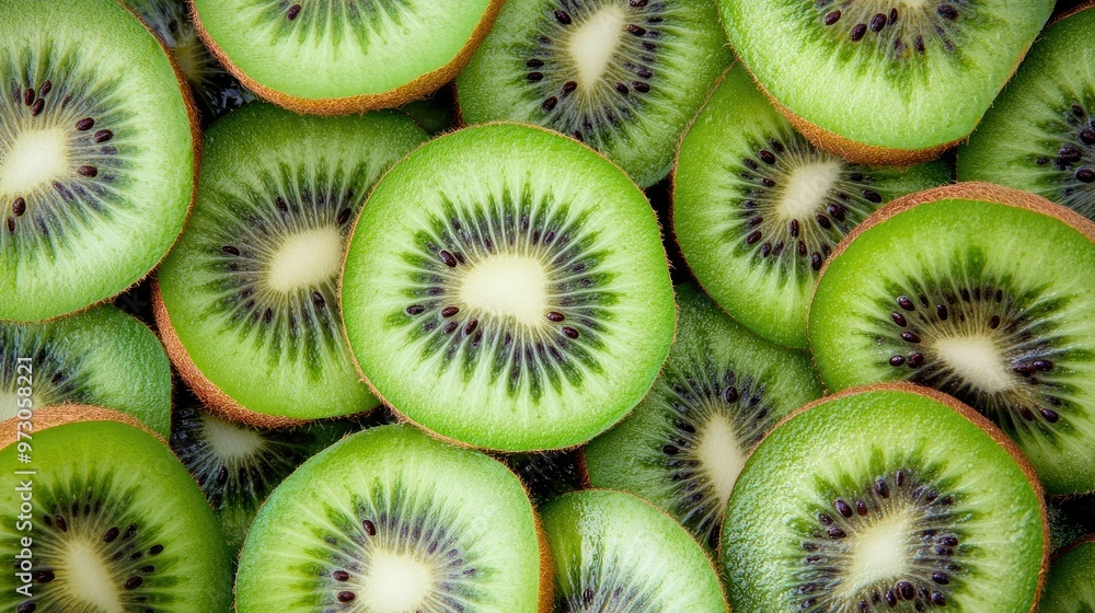A group of fresh kiwis, some whole and some sliced in half, showing the bright green interior and black seeds. A group of fresh kiwis, some whole and some sliced in half, showing the bright green interior and black seeds.