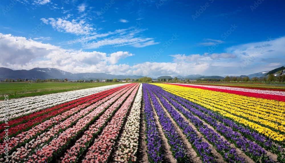 Expansive Flower Fields Under a Bright Spring Sky, Bursting with Color