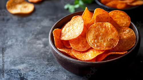 bowl of spicy chili-flavored potato chips, their bold red color hinting at the fiery kick they deliver photo