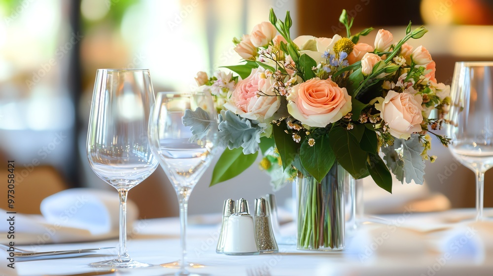 A table set for a formal dinner with a large floral centerpiece. A table set for a formal dinner with a large floral centerpiece.