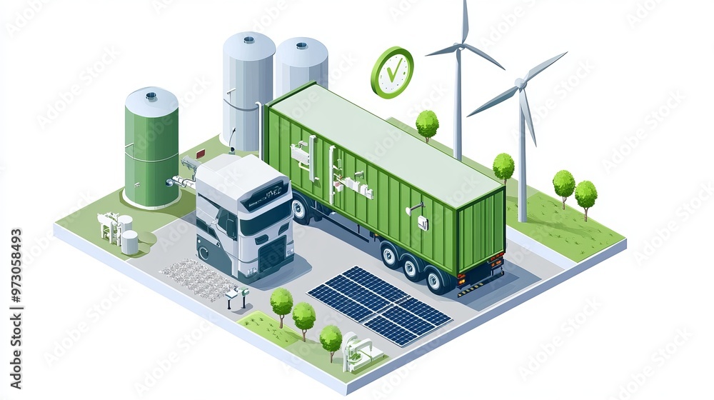 Isometric vector illustration of a green hydrogen power plant concept combining solar cells and wind turbine energy for powering H2 semitruck transporters representing an ecofriendly