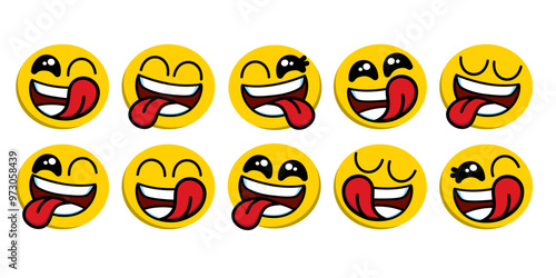 Set of smiling emoji icon. funny yummy face with mouth and tongue gourmet enjoying taste and hungry. delicious, happy yellow character isolated cartoons symbol