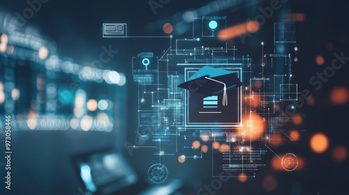 digital education concept with icons of computer, graduation cap and school board on blurred background. Digital learning online system for distance education or futuristic new AI technology