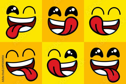 Set of smiling emoji icon. funny yummy face with mouth and tongue gourmet enjoying taste and hungry. delicious, happy yellow character isolated cartoons symbol