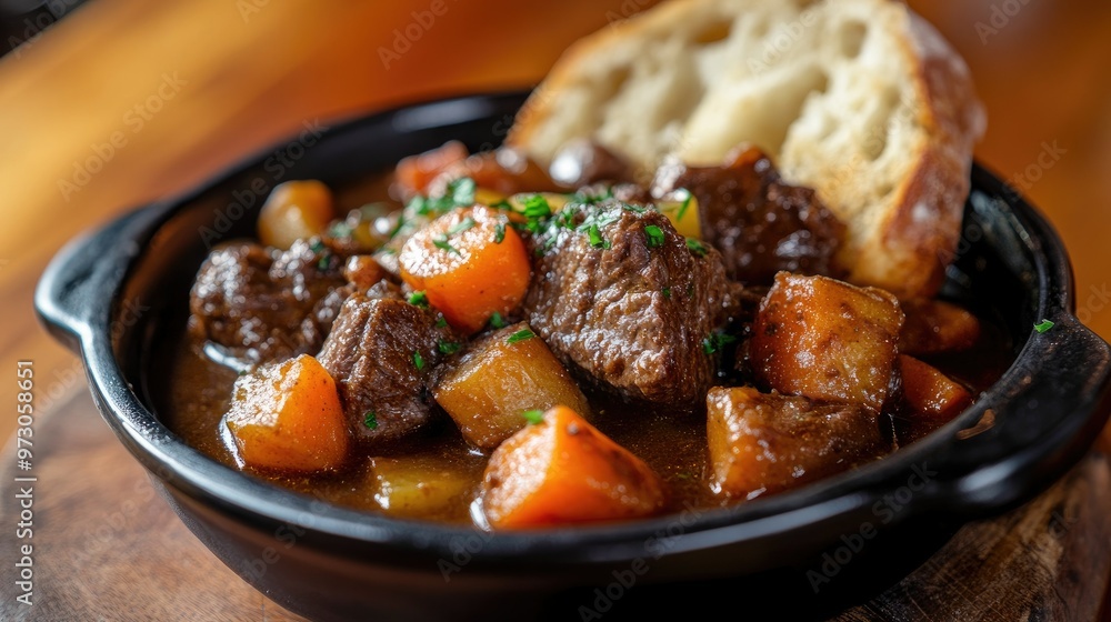 A hearty bowl of beef stew with carrots, potatoes, and a rich gravy, served with crusty bread. A hearty bowl of beef stew with carrots, potatoes, and a rich gravy, served with crusty bread.