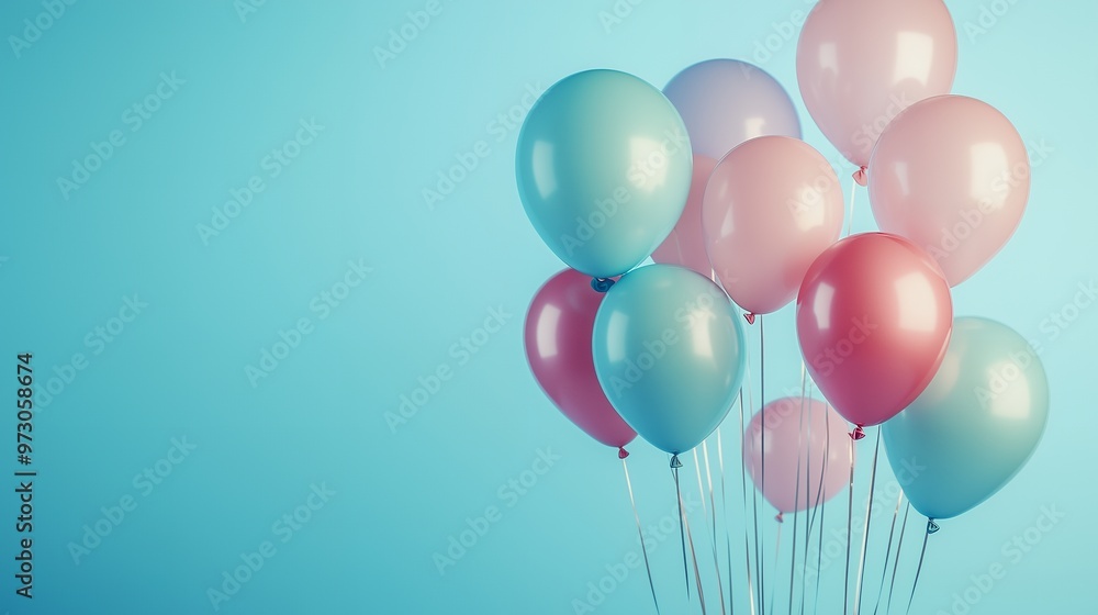 Pastel colored balloons floating against a light blue backdrop. Pastel colored balloons floating against a light blue backdrop.