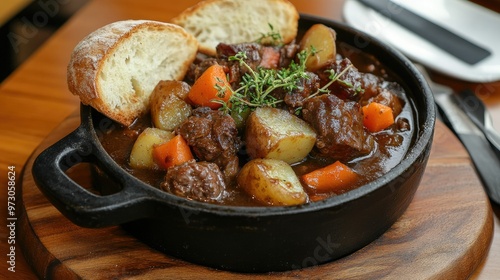 A hearty bowl of beef stew with carrots, potatoes, and a rich gravy, served with crusty bread.