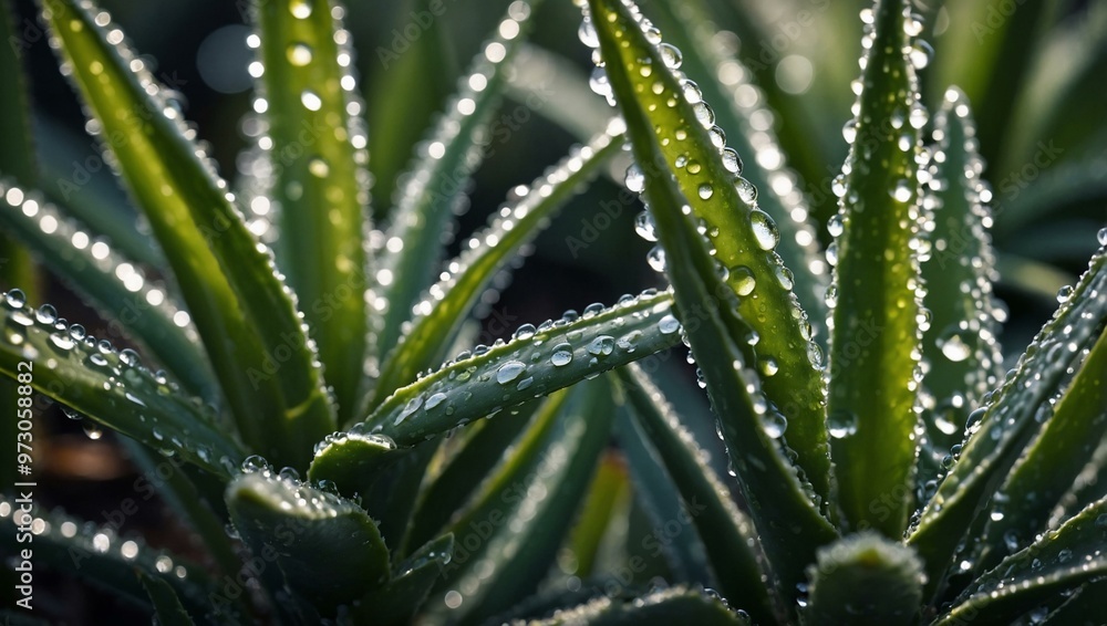 Close-up of dewy aloe leaves with water droplets. Close-up of dewy aloe leaves with water droplets.