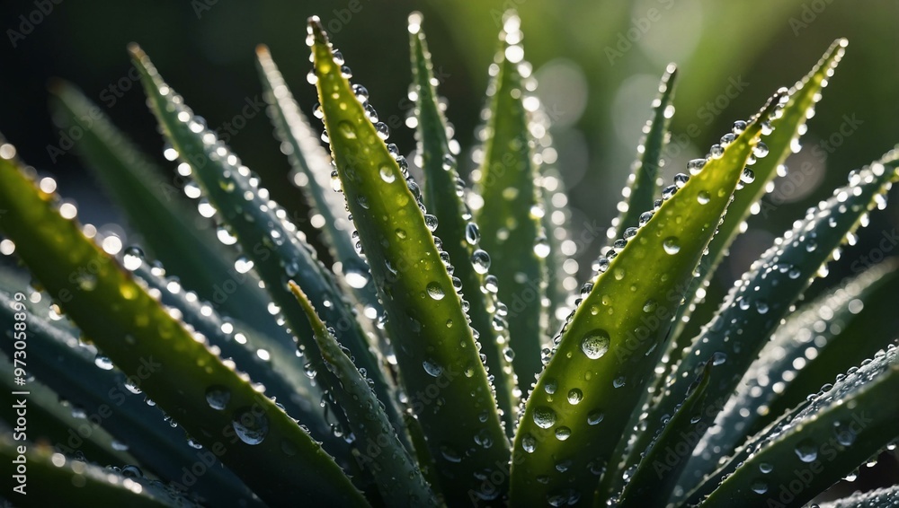 Close-up of dewy aloe leaves with water droplets. Close-up of dewy aloe leaves with water droplets.