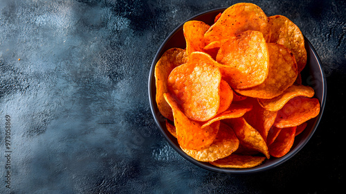 bowl of spicy chili-flavored potato chips, their bold red color hinting at the fiery kick they deliver photo