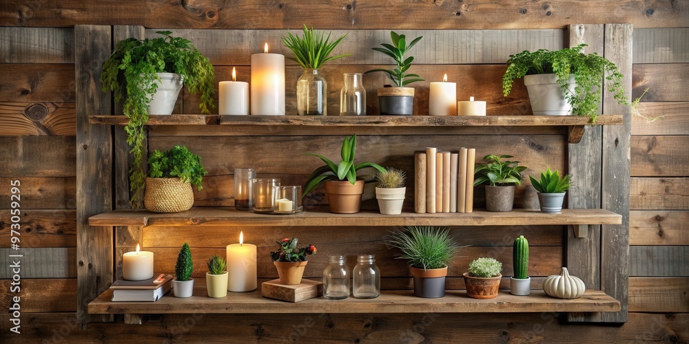 Rustic wood plank shelf for home decor with plants, books, and candles on display Rustic wood plank shelf for home decor with plants, books, and candles on display