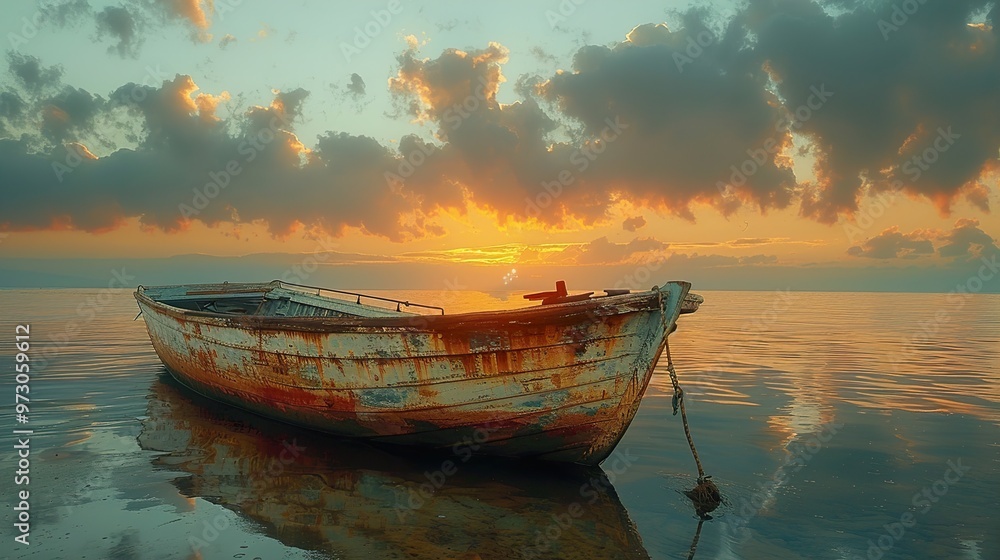 A weathered wooden boat rests on calm water at sunset, with a dramatic sky above. A weathered wooden boat rests on calm water at sunset, with a dramatic sky above.