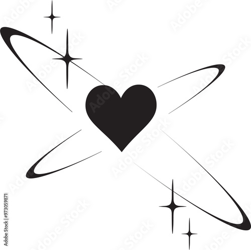 Y2K heart icon. Star shapes. Symbols of love. Outline cosmic design element. Cute retro romantic element of magic sparkles. Abstract celestial 90s decoration