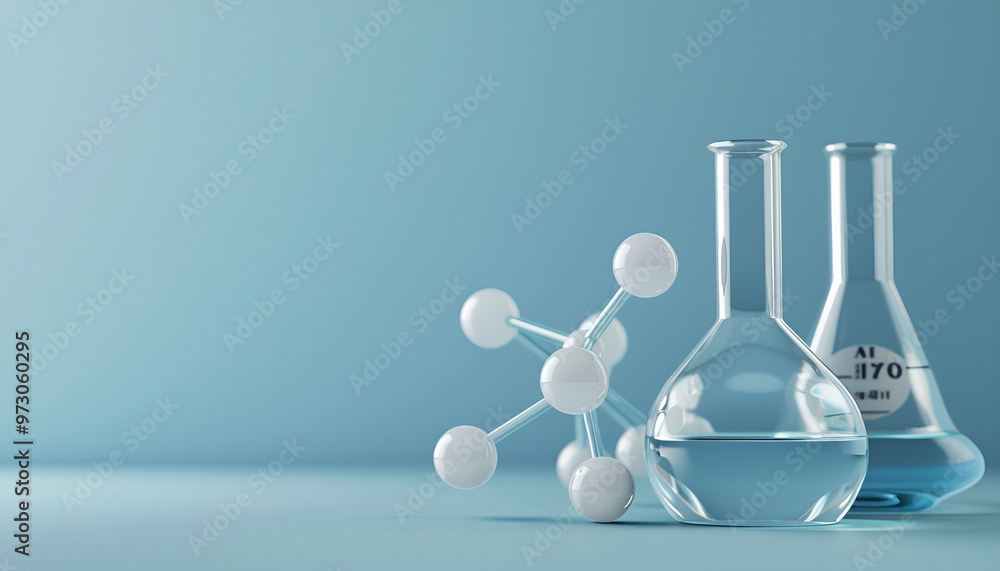 Laboratory glassware and molecule model on blue background Laboratory glassware and molecule model on blue background