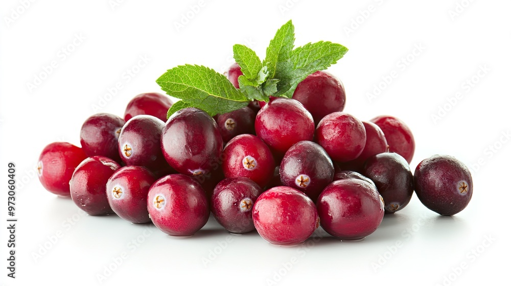 A pile of fresh cranberries with a sprig of mint, arranged on a white background. A pile of fresh cranberries with a sprig of mint, arranged on a white background.