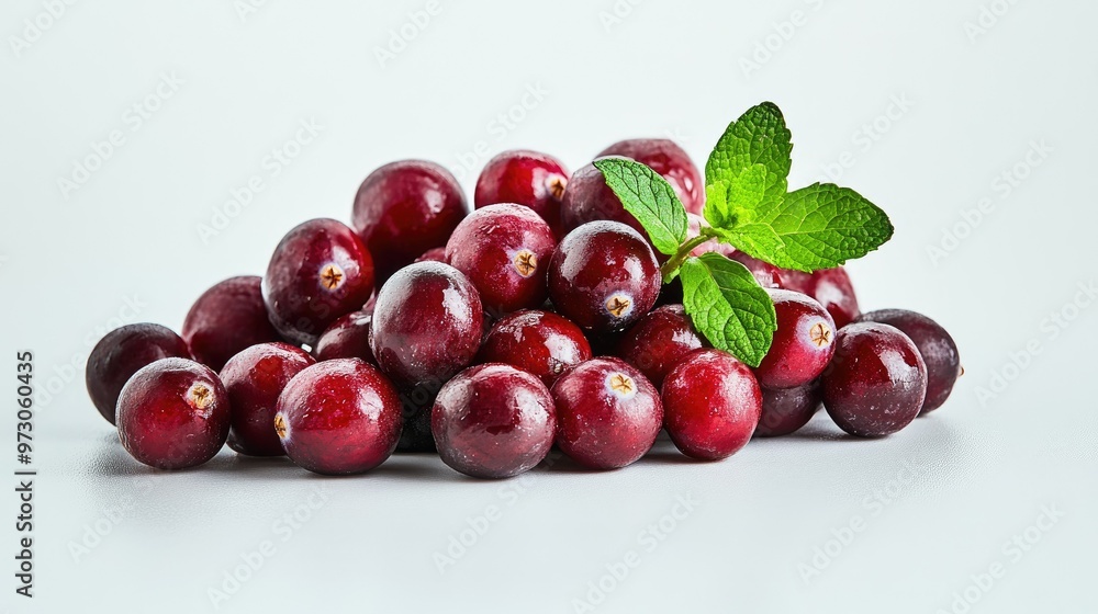 A pile of fresh cranberries with a sprig of mint, arranged on a white background. A pile of fresh cranberries with a sprig of mint, arranged on a white background.