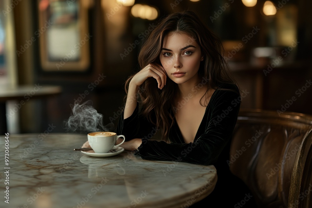 Elegant Woman in Cozy Cafe with a Steaming Cappuccino at Sunset Elegant Woman in Cozy Cafe with a Steaming Cappuccino at Sunset