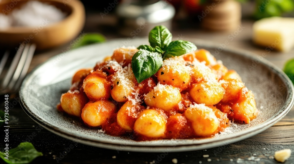 A plate of homemade gnocchi with a rich tomato sauce and fresh basil, garnished with Parmesan cheese. A plate of homemade gnocchi with a rich tomato sauce and fresh basil, garnished with Parmesan cheese.