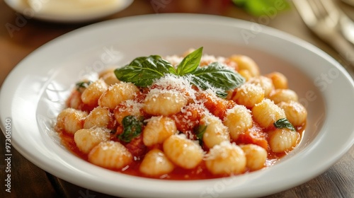 A plate of homemade gnocchi with a rich tomato sauce and fresh basil, garnished with Parmesan cheese.