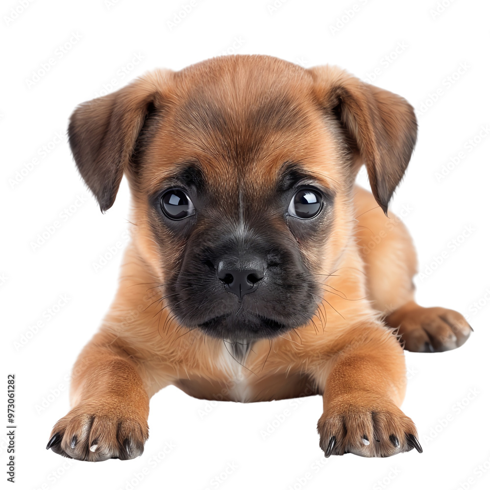 Adorable close-up of a brown puppy with big, expressive eyes lying down, isolated on a white background., transparent background Adorable close-up of a brown puppy with big, expressive eyes lying down, isolated on a white background., transparent background