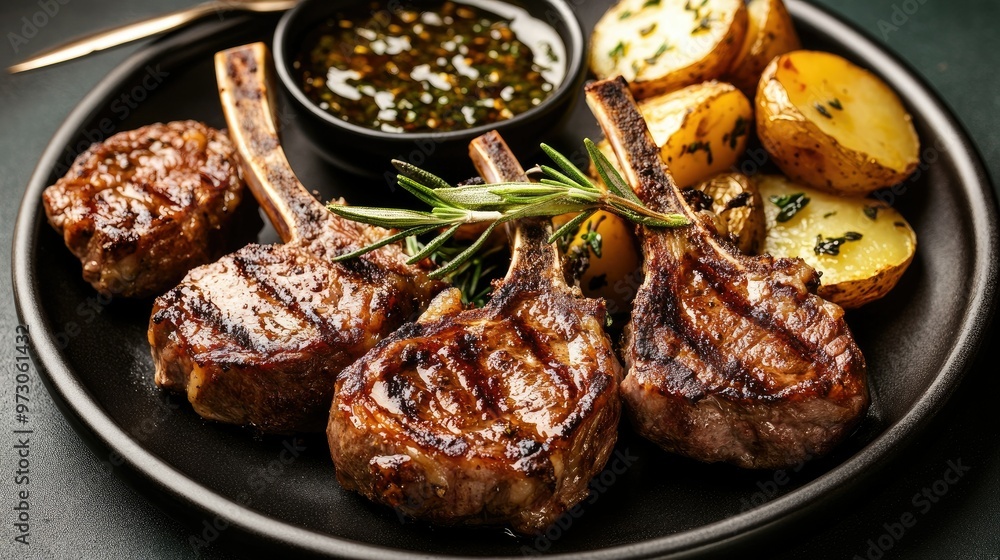 A plate of tender lamb chops garnished with rosemary, served with roasted potatoes and a side of mint sauce. A plate of tender lamb chops garnished with rosemary, served with roasted potatoes and a side of mint sauce.
