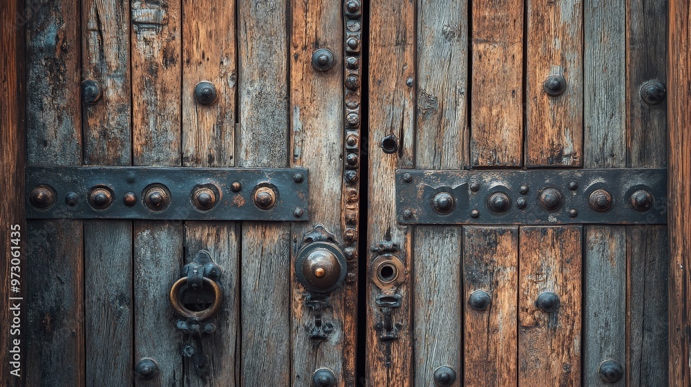 A beautifully aged wooden door with original iron hardware, exuding a sense of history and elegance through its weathered surface and detailed craftsmanship A beautifully aged wooden door with original iron hardware, exuding a sense of history and elegance through its weathered surface and detailed craftsmanship