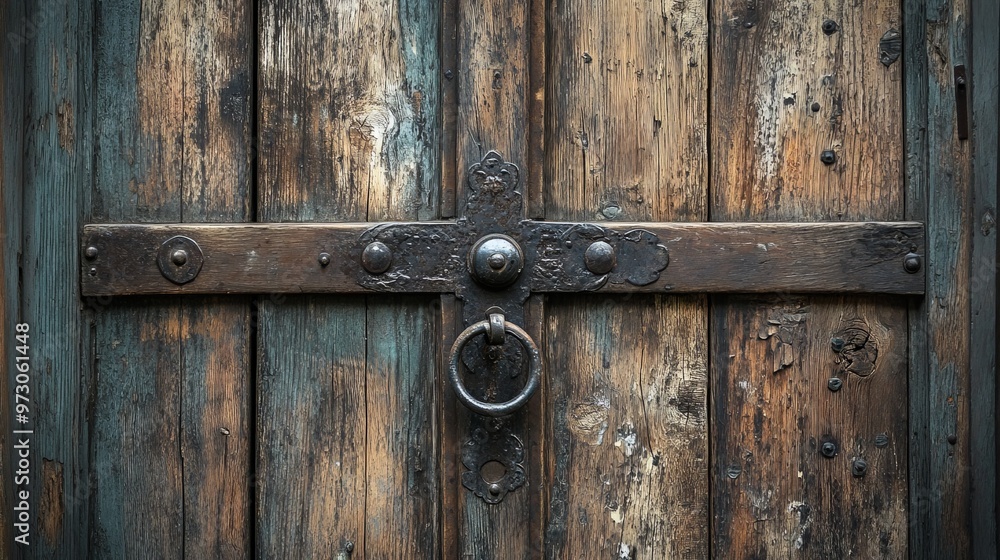 A beautifully aged wooden door with original iron hardware, exuding a sense of history and elegance through its weathered surface and detailed craftsmanship A beautifully aged wooden door with original iron hardware, exuding a sense of history and elegance through its weathered surface and detailed craftsmanship
