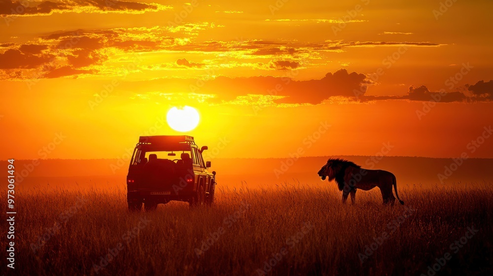 A safari jeep observing a majestic lion pride during sunset in the Serengeti National Park, Tanzania
