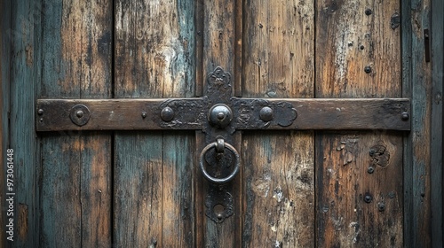 A beautifully aged wooden door with original iron hardware, exuding a sense of history and elegance through its weathered surface and detailed craftsmanship