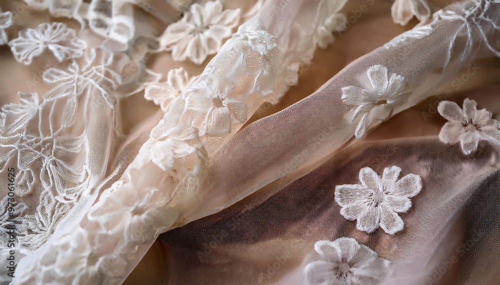 Delicate transparent fabric adorned with elegant and romantic white floral embroidery Delicate transparent fabric adorned with elegant and romantic white floral embroidery