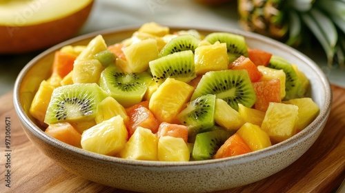 A refreshing bowl of tropical fruit salad featuring pineapple, mango, kiwi, and papaya chunks. photo