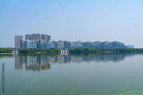 Shaoxing City Skyline and Wetland Park, Zhejiang Province, China