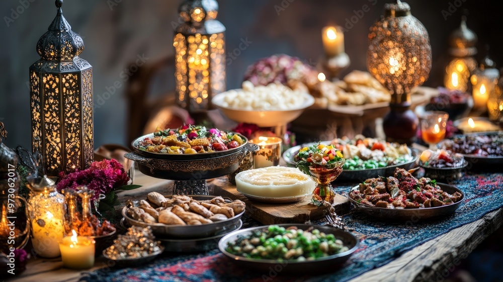 A beautifully decorated Ramadan table with an array of traditional dishes, candles, A beautifully decorated Ramadan table with an array of traditional dishes, candles,