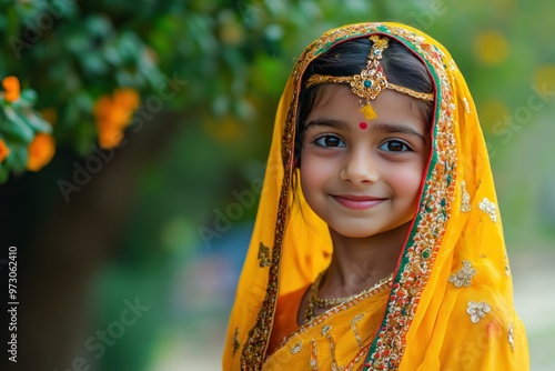 Portrait of an Indian girl in traditional yellow attire and jewelry photo