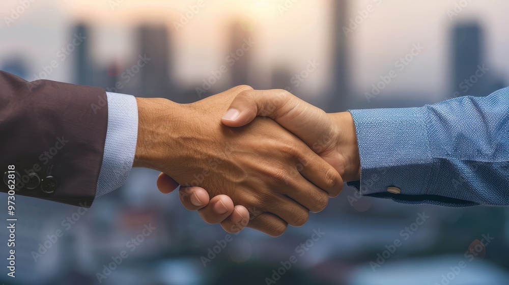Businessmen shaking hands, symbolizing partnership, agreement, and success, with a blurred city skyline in the background at sunset. Businessmen shaking hands, symbolizing partnership, agreement, and success, with a blurred city skyline in the background at sunset.