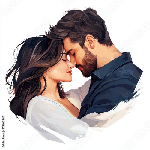 Capture a close-up shot of a loving couple embracing, showcasing emotion and connection in a realistic oil painting style