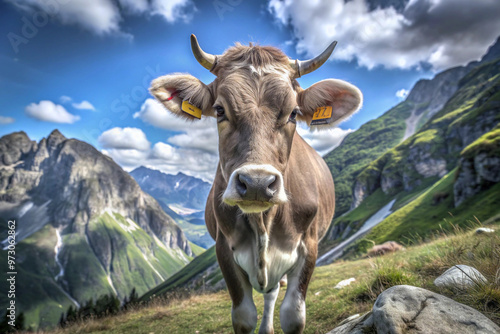 Brown Cow with Yellow Tags Looking at the Camera in a Mountainous Landscape