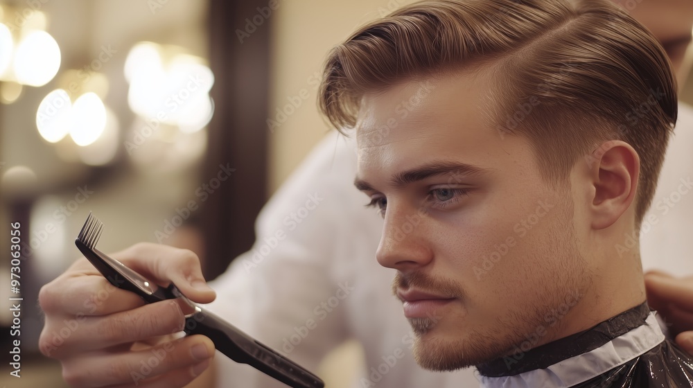 Obraz premium Young man receiving a stylish haircut at a modern barber shop during a busy afternoon with warm lighting and professional barber
