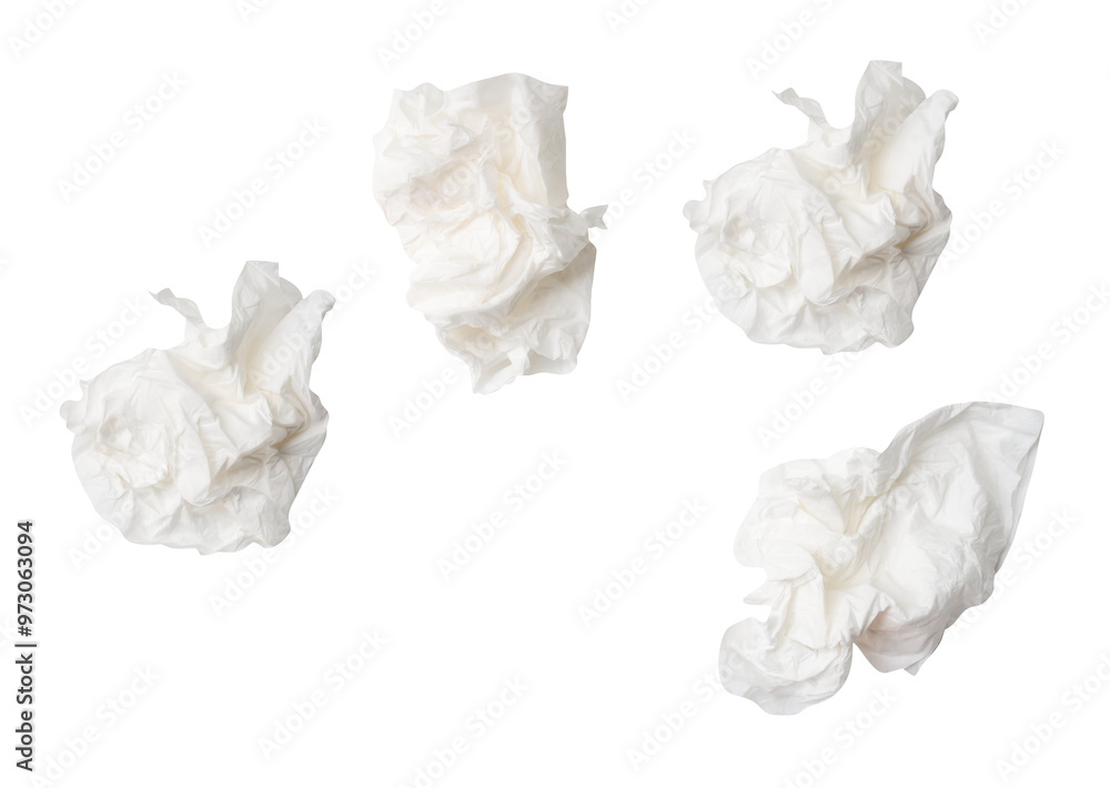 Top view set of screwed or crumpled white tissue paper balls after use isolated with clipping path in png file format Top view set of screwed or crumpled white tissue paper balls after use isolated with clipping path in png file format