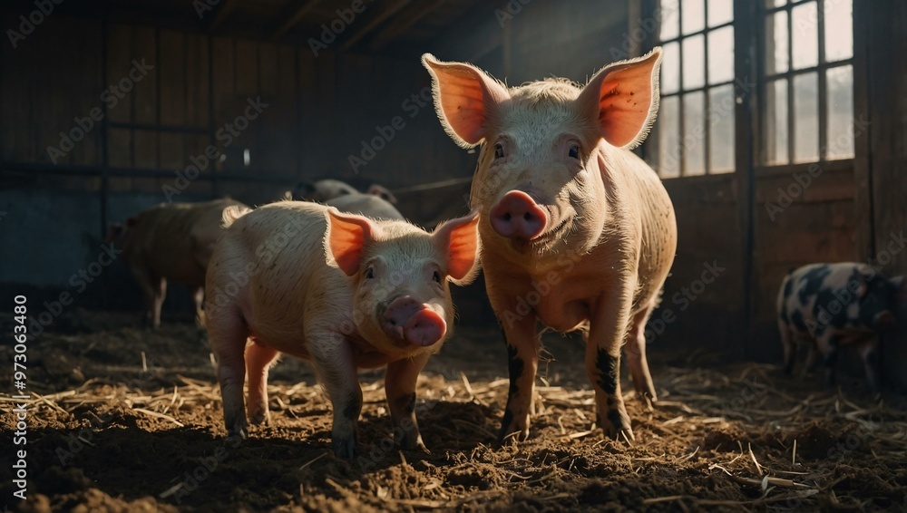 Curious pigs indoors with a nurturing mother pig. Curious pigs indoors with a nurturing mother pig.