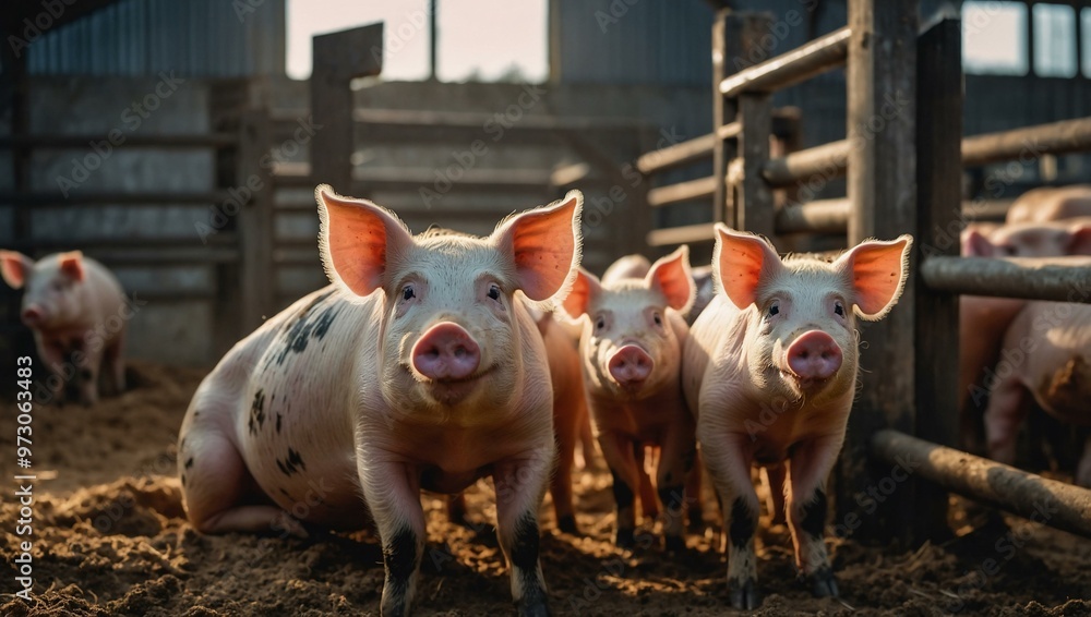 Curious pigs in a clean breeding farm, mother pig nurturing. Curious pigs in a clean breeding farm, mother pig nurturing.