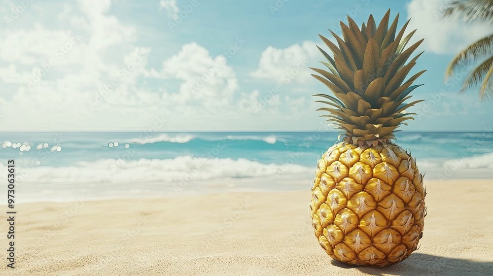A tropical pineapple with a golden-brown rind, standing tall on a sandy beach background. A tropical pineapple with a golden-brown rind, standing tall on a sandy beach background.
