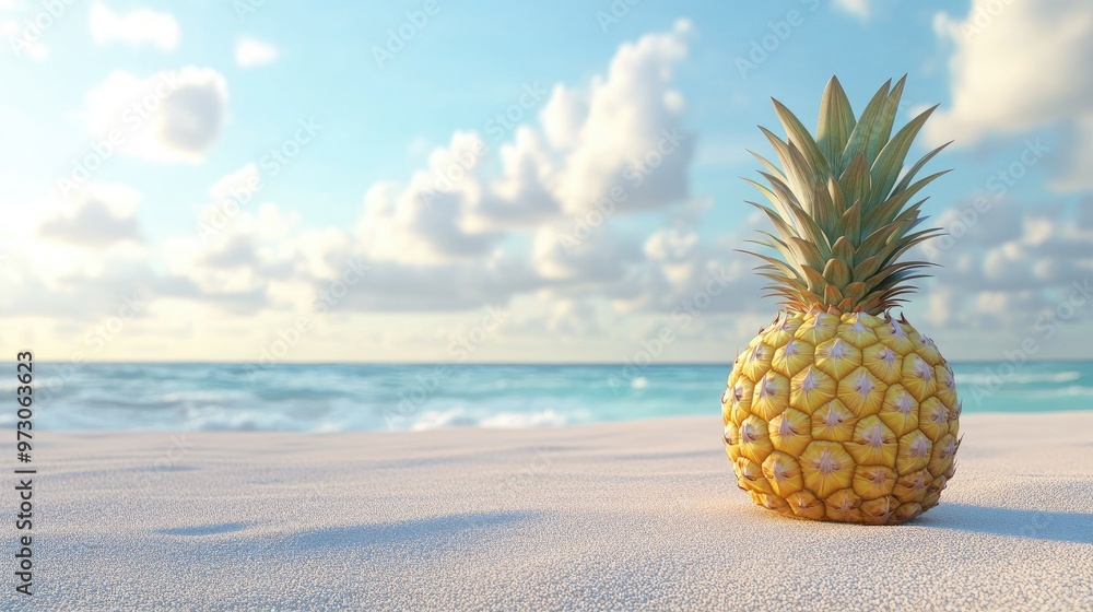 A tropical pineapple with a golden-brown rind, standing tall on a sandy beach background.