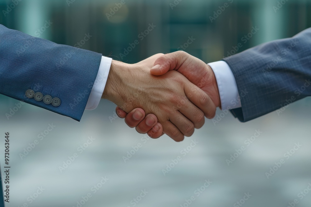 Businessmen shaking hands, symbolizing partnership, agreement, and success, with a blurred city skyline in the background at sunset. Businessmen shaking hands, symbolizing partnership, agreement, and success, with a blurred city skyline in the background at sunset.