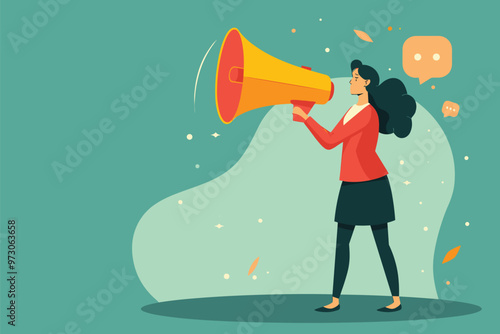 Businesswoman using megaphone for marketing, PR manager making announcements and inviting friends